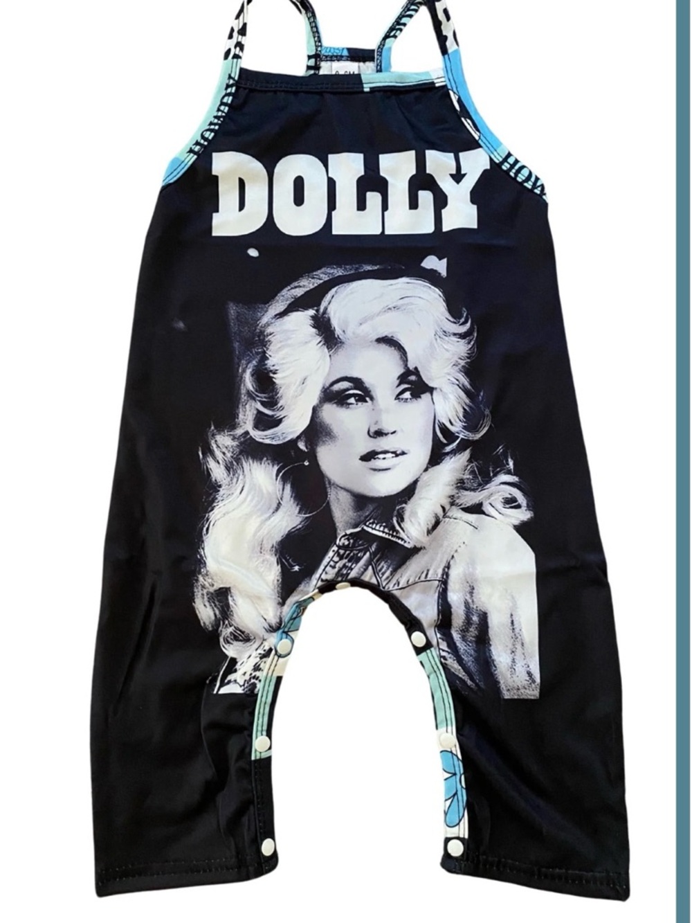 Dolly Parton Graphic Black Romper with Turquoise Trim
